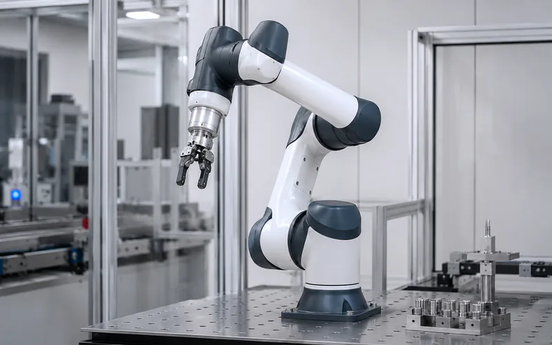 Reference visual of a Doosan M0609-class collaborative robot arm in a clean industrial automation cell