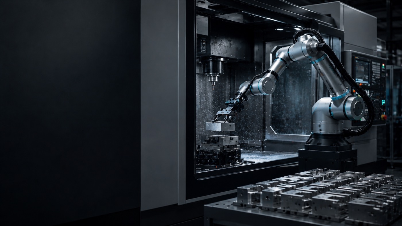 Collaborative robot loading a metal part into a CNC machine