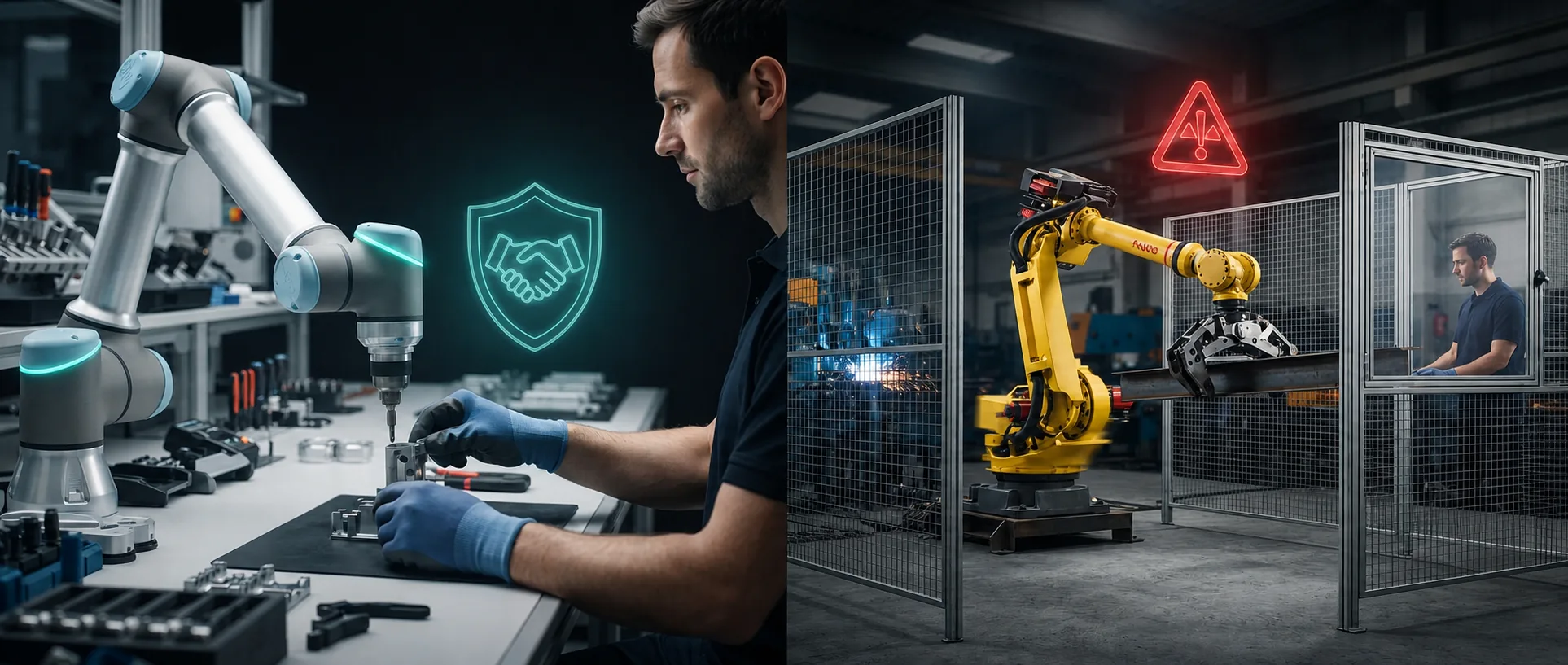 Split factory scene comparing a collaborative robot beside an operator with a guarded industrial robot cell