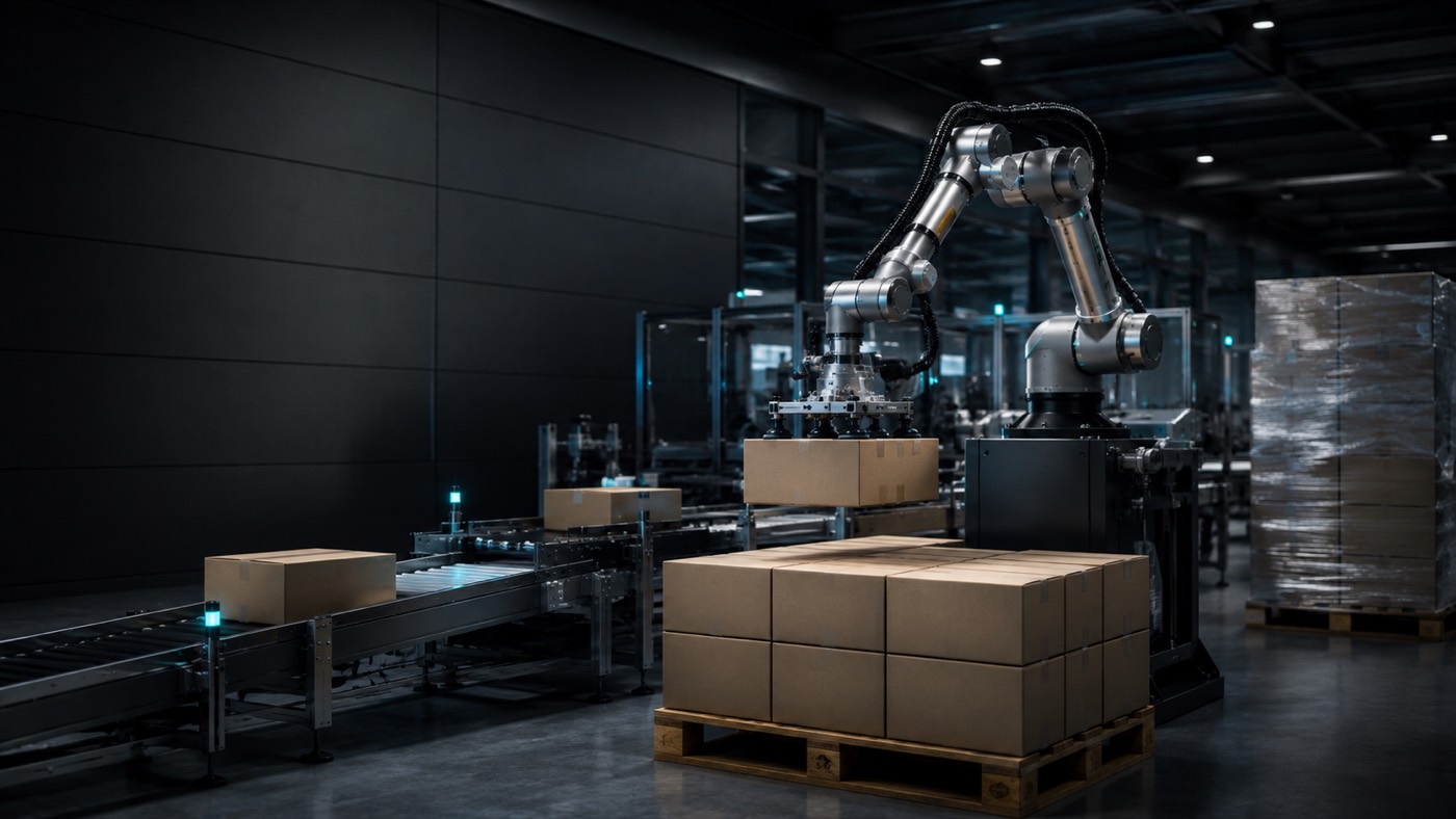 Collaborative robot palletizing boxes at the end of a production line
