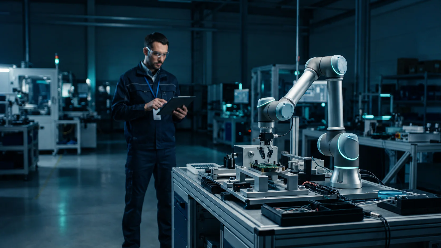 Collaborative robot arm during precision assembly, reviewed by an integration specialist