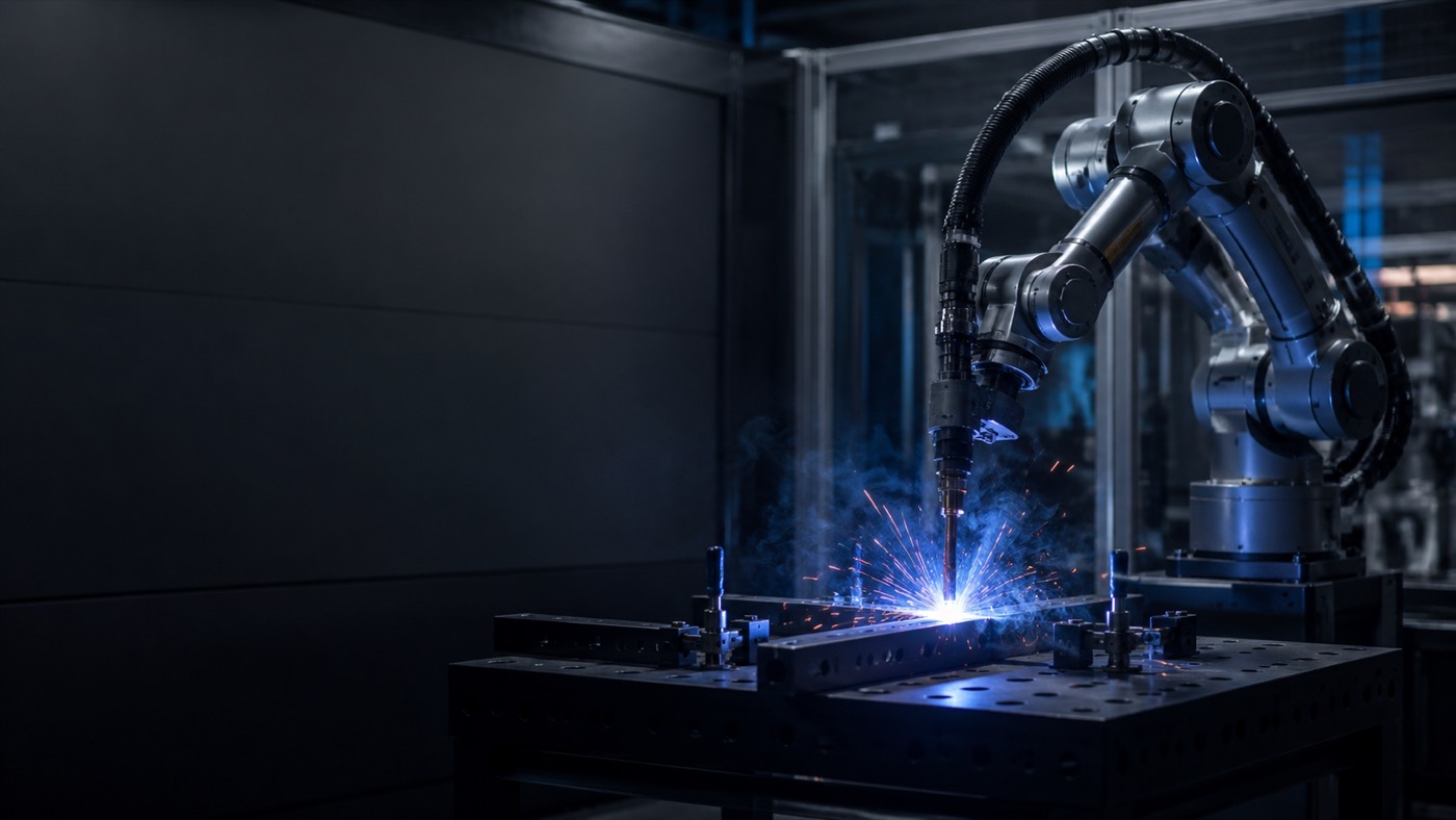 Collaborative robot welding a metal fixture inside an industrial cell