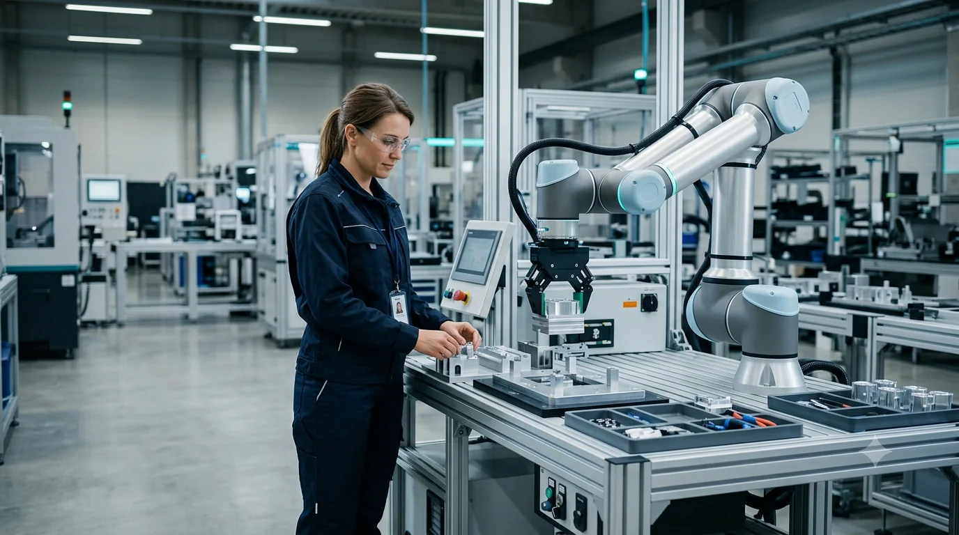 Production operator working beside a collaborative robot at a precision assembly workstation