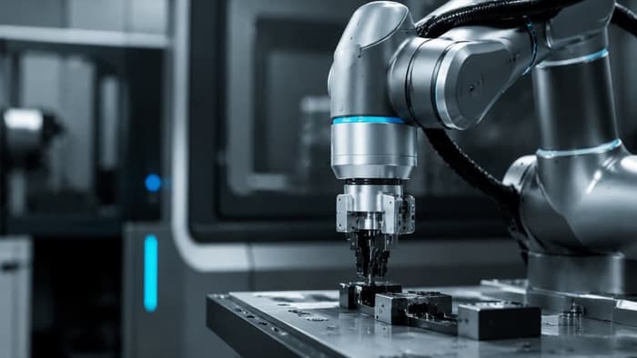 Close-up of a collaborative robot arm working in a precision industrial automation cell