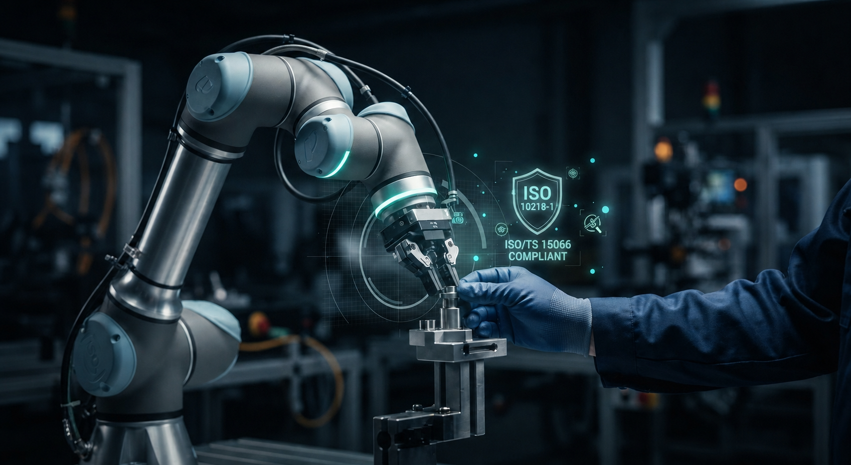 Collaborative robot arm beside an operator with ISO 10218 and ISO/TS 15066 safety compliance overlay