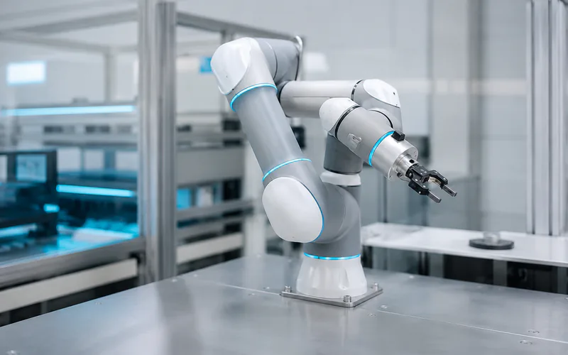 Reference visual of a compact collaborative robot arm for UR5e-class CNC tending and light assembly applications