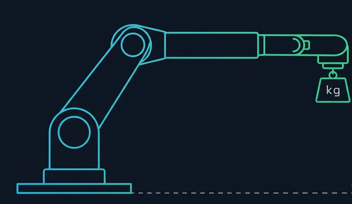 Schematic cobot payload view illustrating vertical travel and working envelope changes.