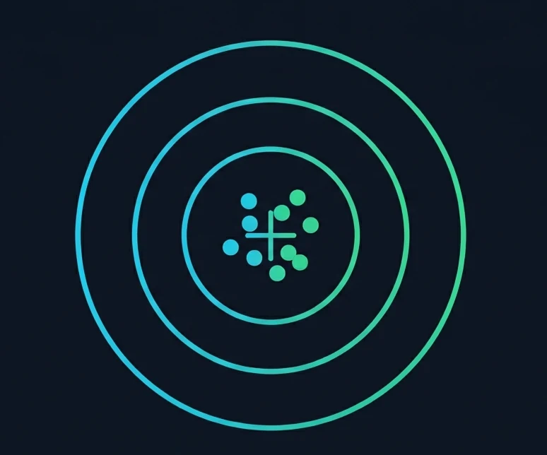 Schematic diagram showing repeated robot approach points clustered around a target position.